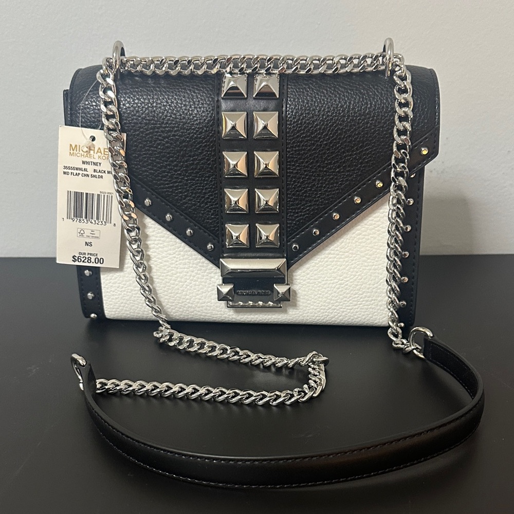 Michael Kors Whitney NWT Black and White Crossbody Bag w Silver Studs Hardware - Picture 1 of 12